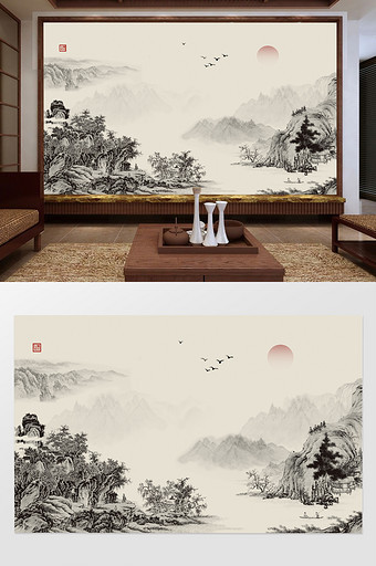 中式传统线描远山风景画日出飞鸟电视背景墙图片