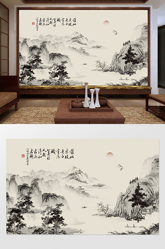 中式传统线描远山风景画仙鹤电视背景墙图片