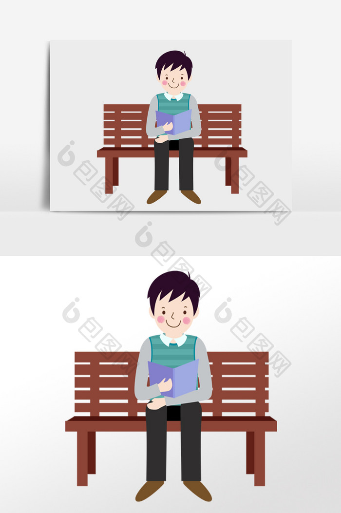 可爱卡通男生坐椅子上看书阅读插画人物