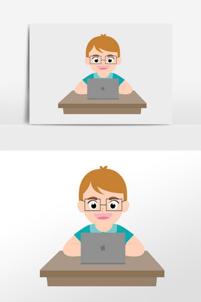 可爱卡通男生用电脑工作玩游戏插画人物素材