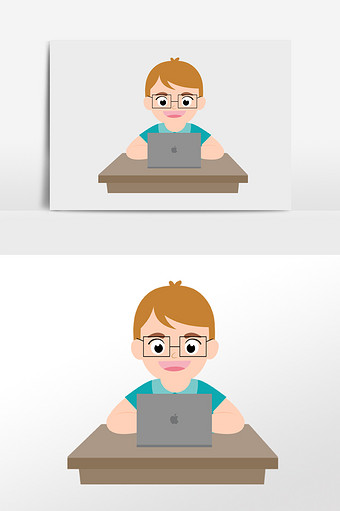 可爱卡通男生用电脑工作玩游戏插画人物素材图片