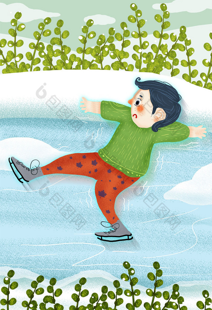 白色立冬节气滑冰小男孩插画