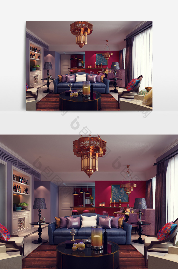 欧式混搭紫色客厅模型