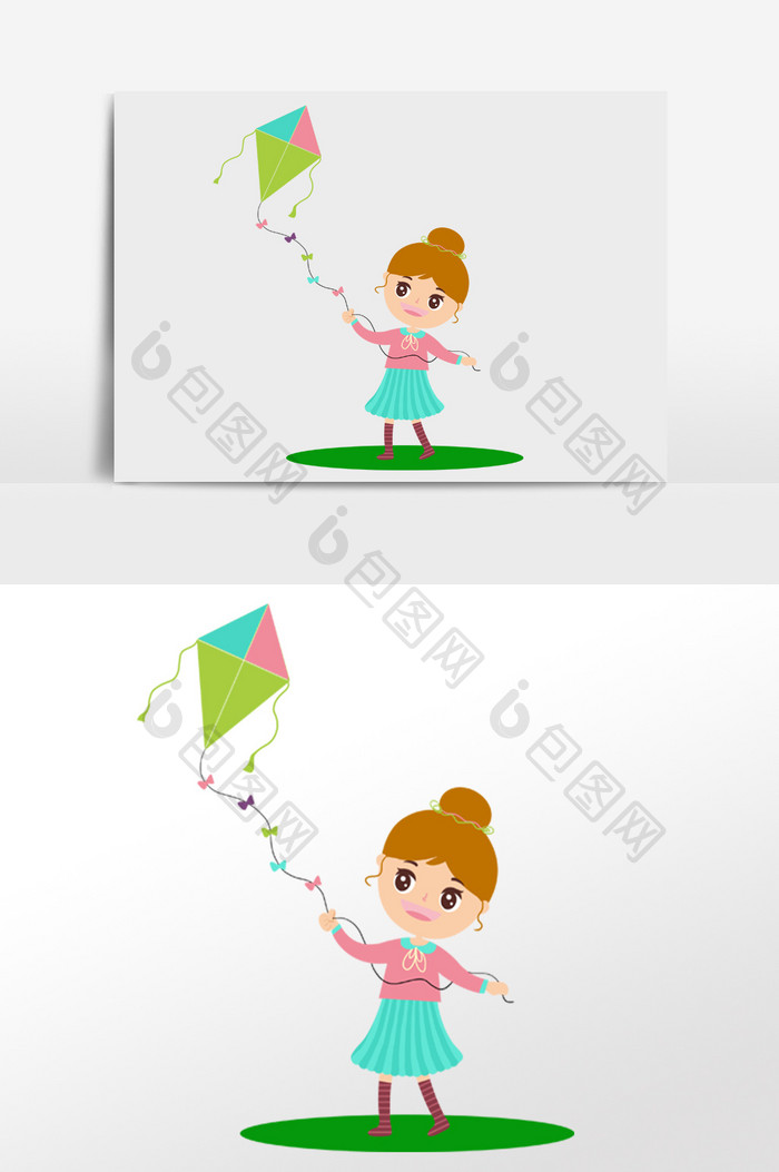 可爱卡通女孩户外放风筝活动插画人物素材