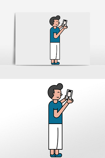 小清新矢量手绘人物玩手机插画元素图片