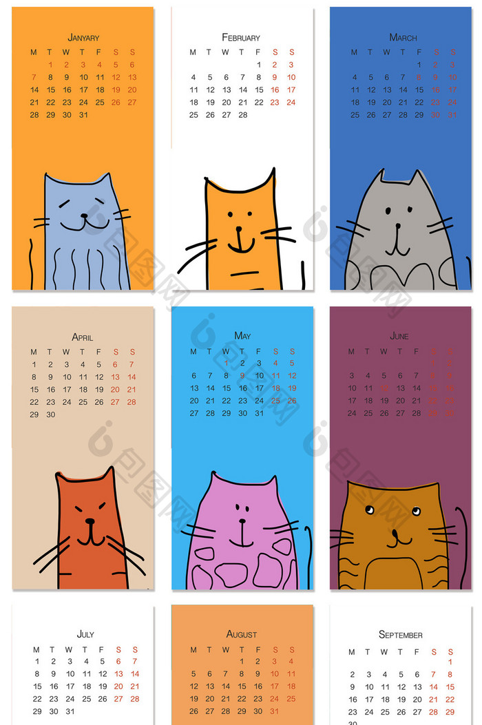 2019年方形卡通手绘猫咪台历设计