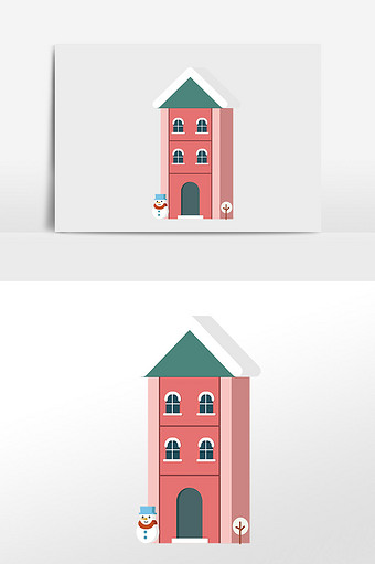 小清新可爱粉色雪景雪人房子建筑插画元素图片