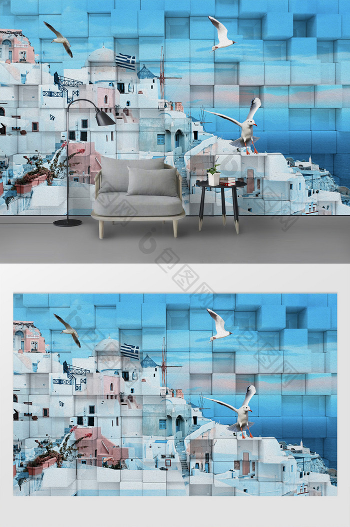 现代简约油画3D立体希腊爱琴海电视背景墙