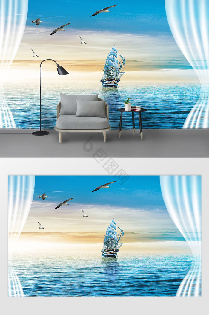 现代水彩油画大海帆船大雁电视背景墙