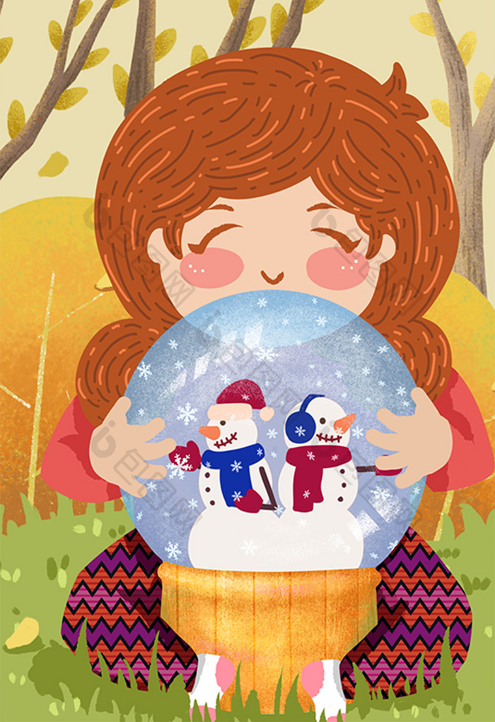 橘色温暖中国风新年的礼物雪人水晶球插画