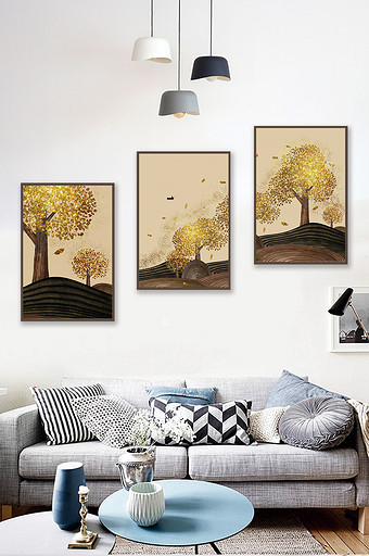 金色树叶新中式中国风抽象艺术装饰画素材图片