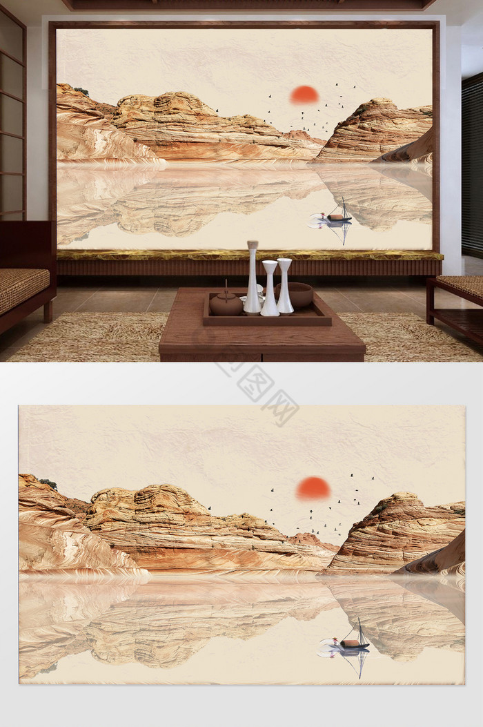 新中式大气石头山水背景墙图片