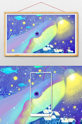 鲸鱼雪景房屋插画图片
