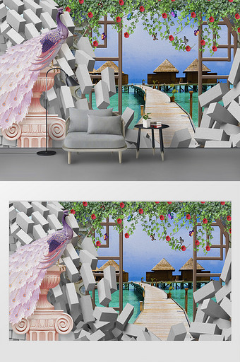 现代3D砖墙唯美孔雀蔷薇蝴蝶风景背景图图片