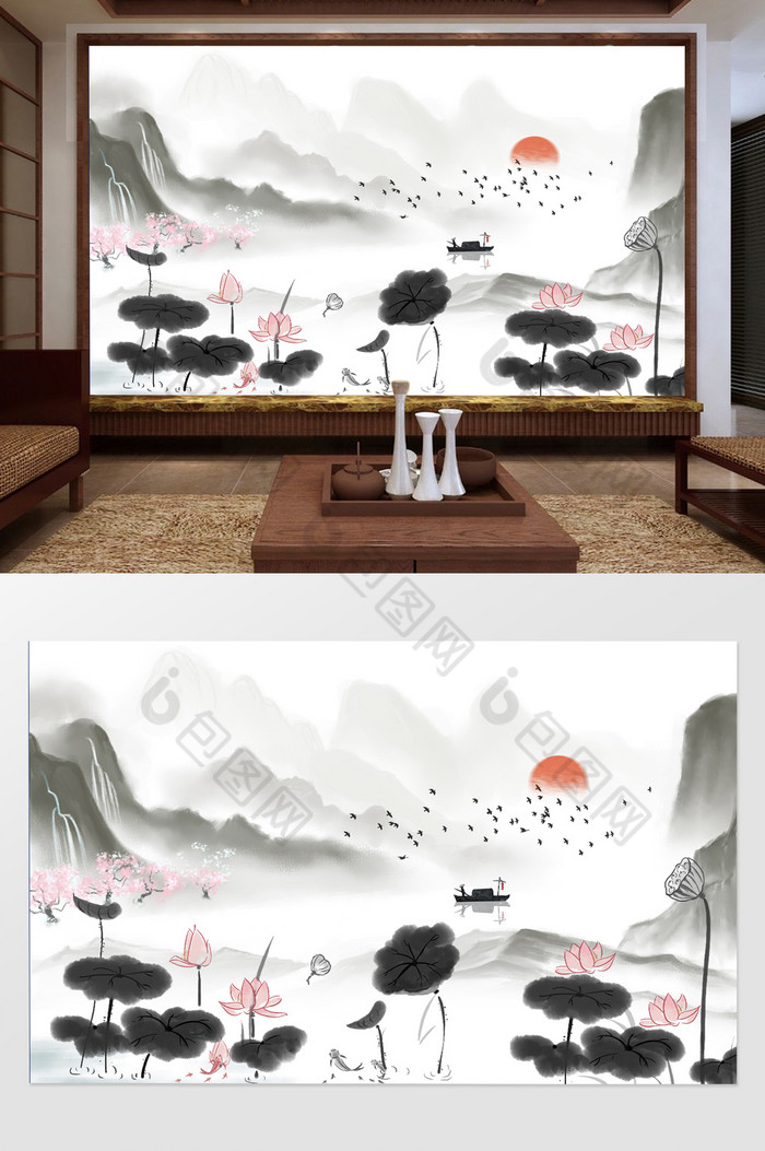 新中式清新水墨山水背景墙图片图片
