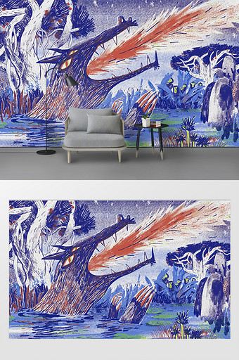 现代蜡笔手绘抽象狼头喷火电视背景墙图片