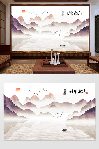 新中式水墨意境风景山水画电视背景墙图片