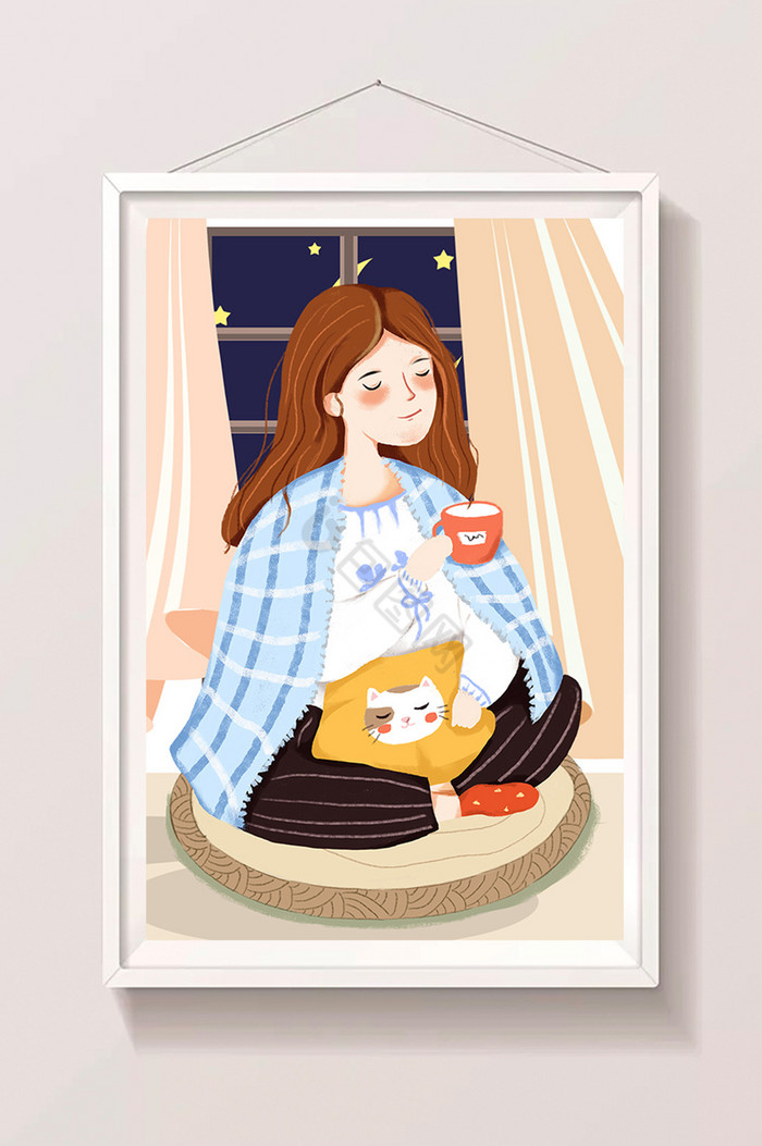十一月你好温暖冬季女孩和猫插画图片