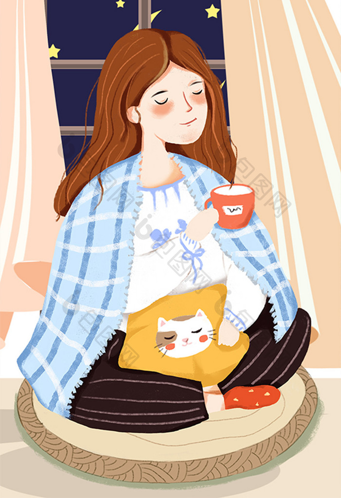 十一月你好温暖冬季女孩和猫插画
