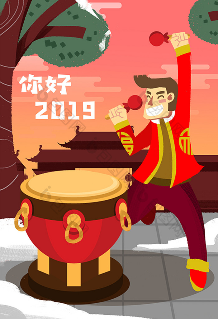 红色喜庆你好2019卡通手绘打鼓海报插画