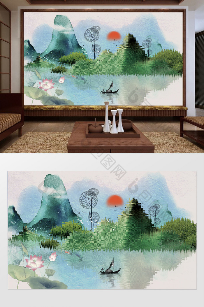 新中式清新意境山水风景背景墙图片图片