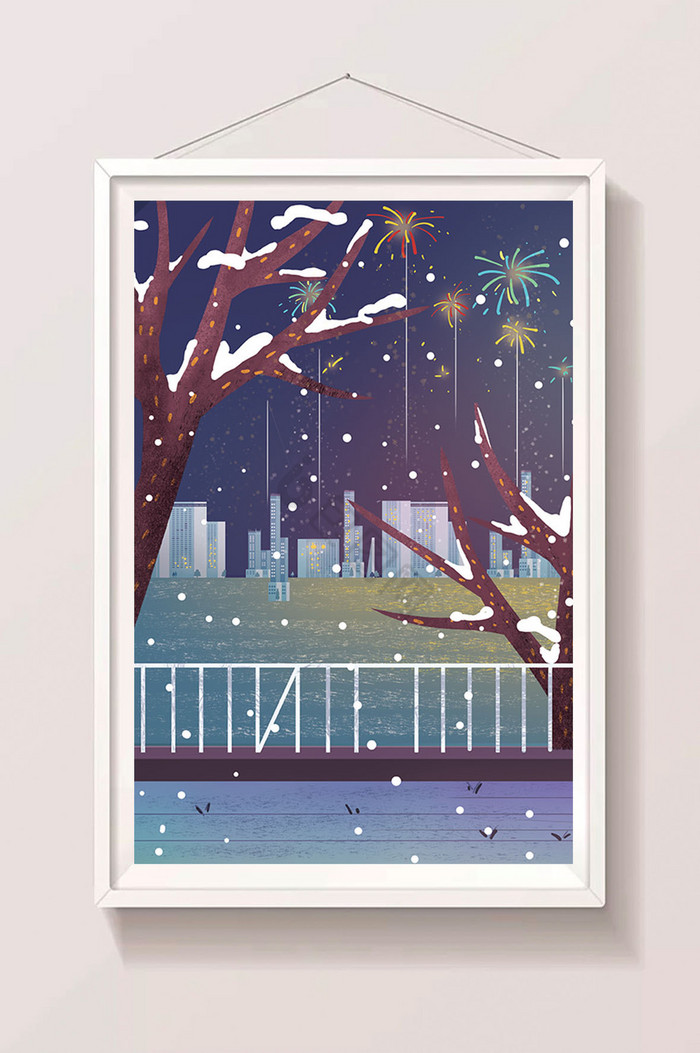雪中夜景插画图片