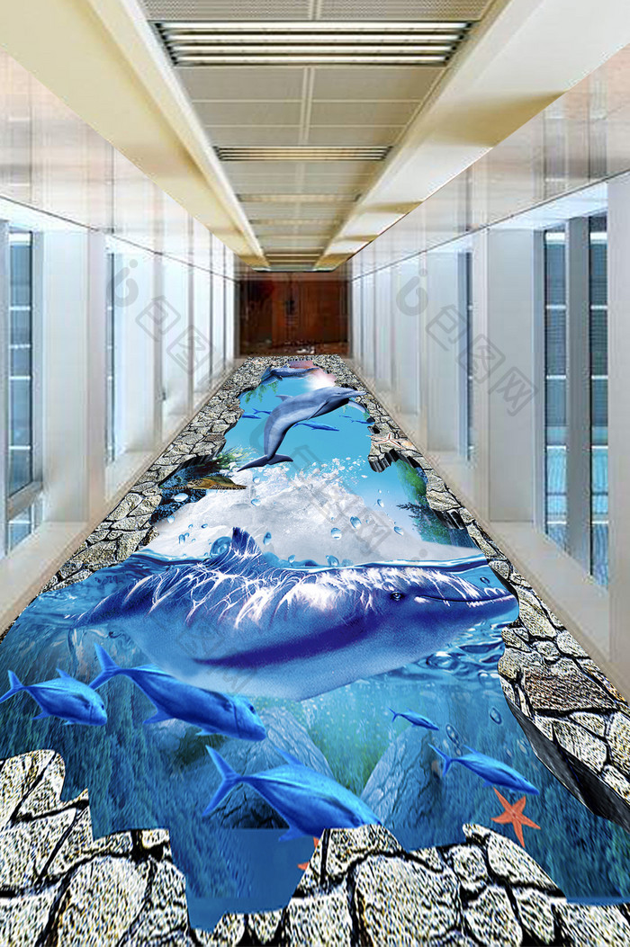 梦幻海底世界海豚3D立体体画地画背景墙
