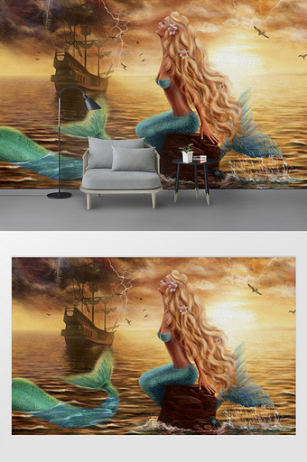 手绘油画唯美大海美帆船人鱼电视背景墙图片