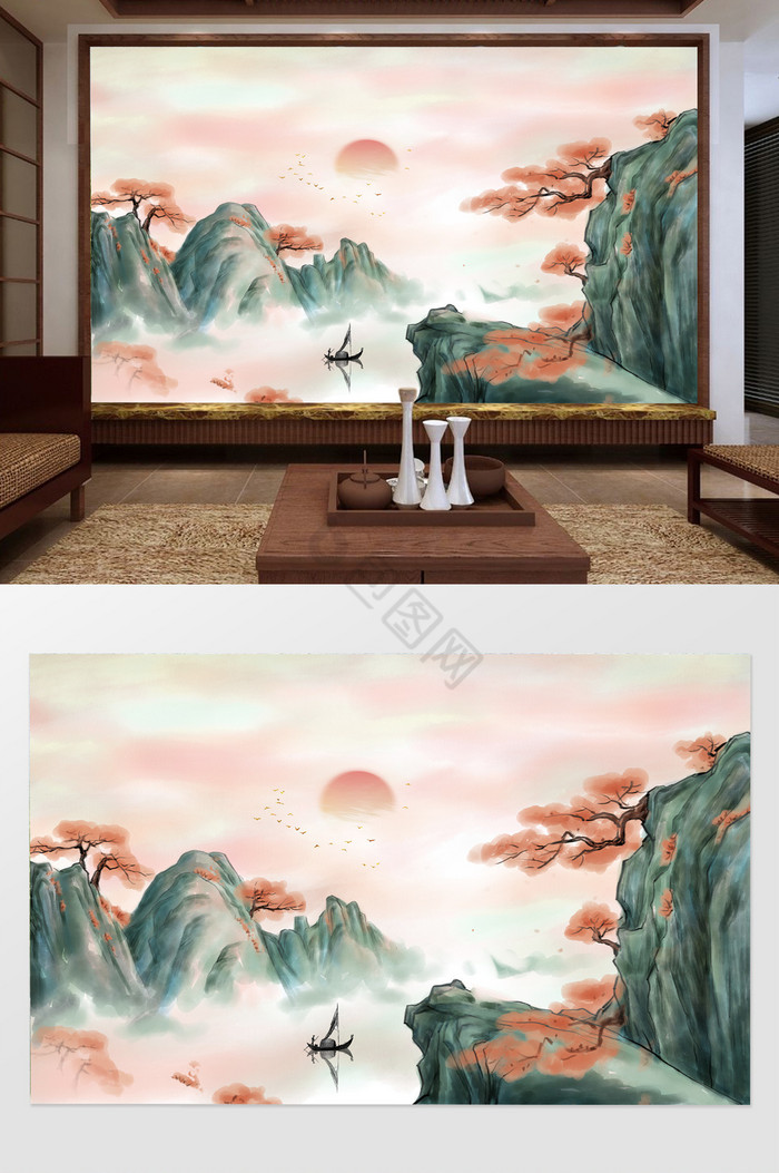 新中式大气彩霞山水风景背景墙图片