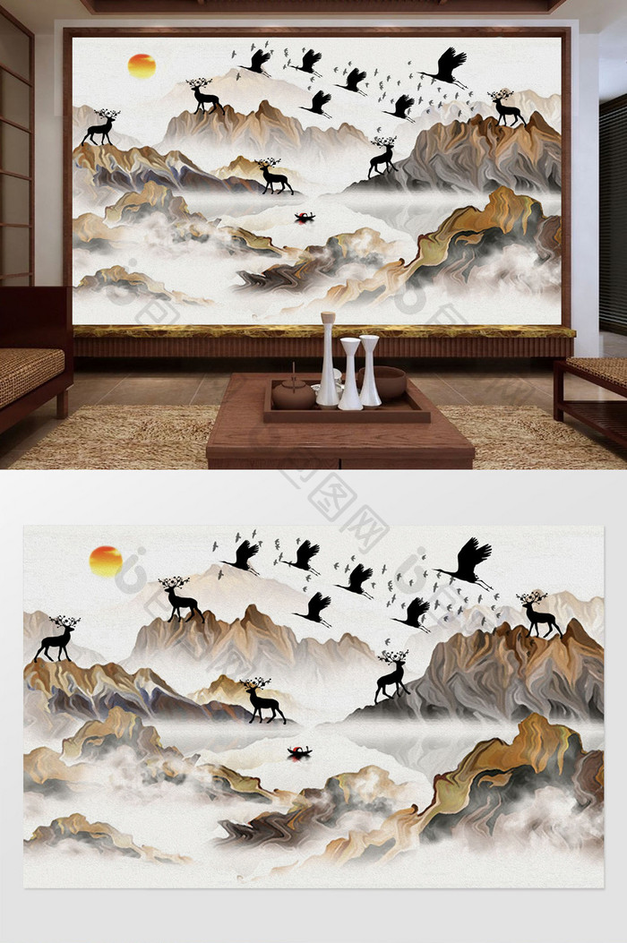抽象山水白鹤小鹿中式背景墙
