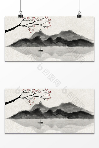 手绘中国风水墨山水插画背景图片