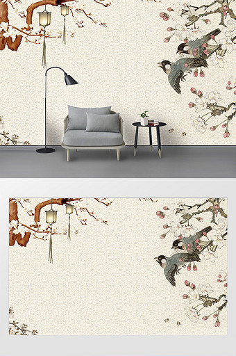 中式艺术典雅精致花鸟电视背景墙壁画图片