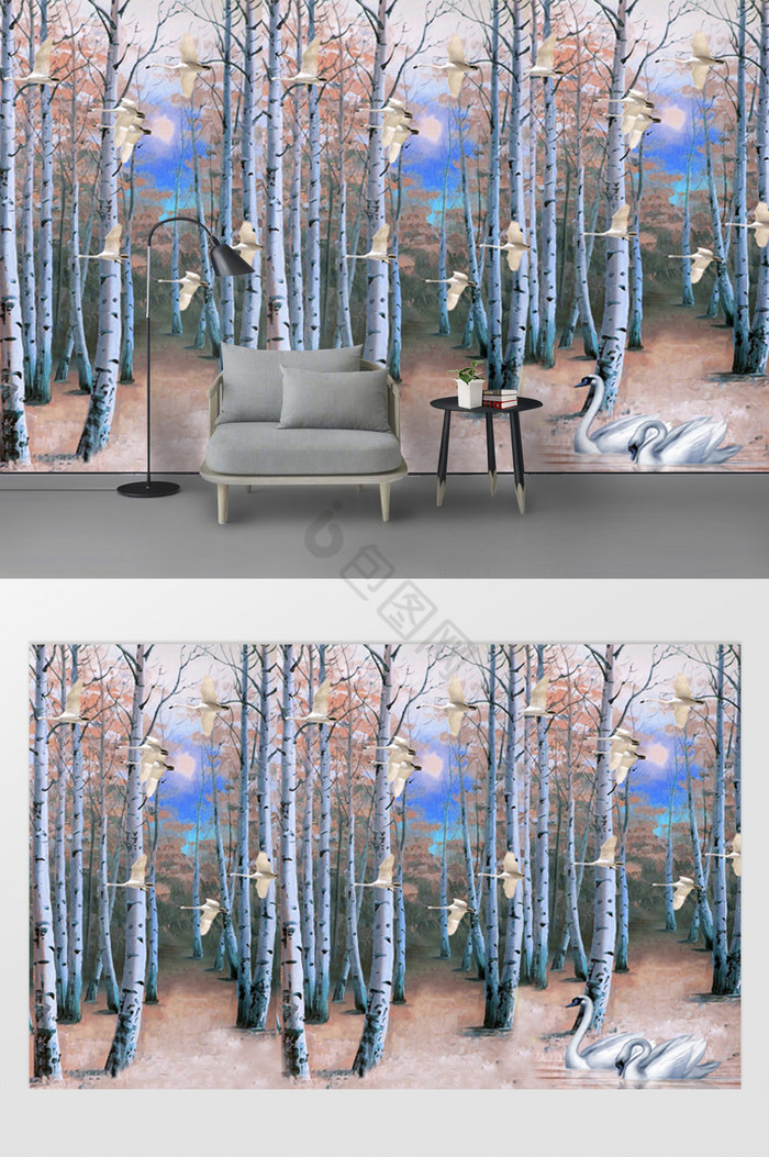 现代手绘油画森林白桦林天鹅油画电视背景墙
