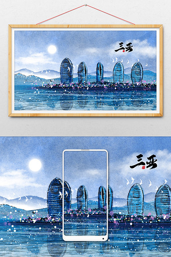 中国风三亚标志性旅游建筑凤凰岛插画图片