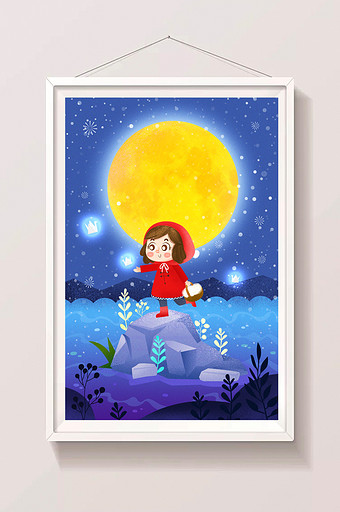 卡通可爱雪月之下小红帽女孩插画图片