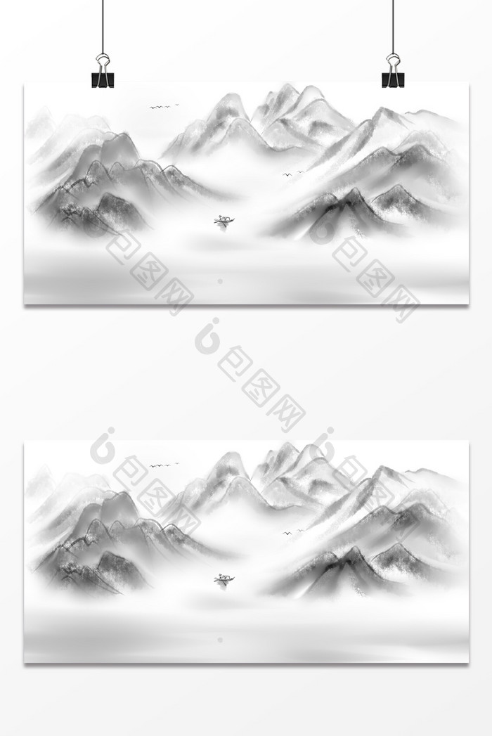 手绘中国风水墨群山背景