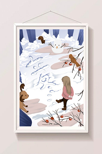 手绘立冬雪地人物插画图片