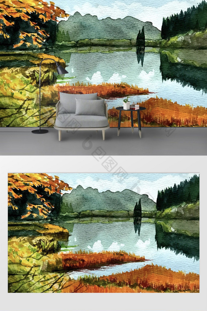 新中式大气清新树木山水背景墙图片图片