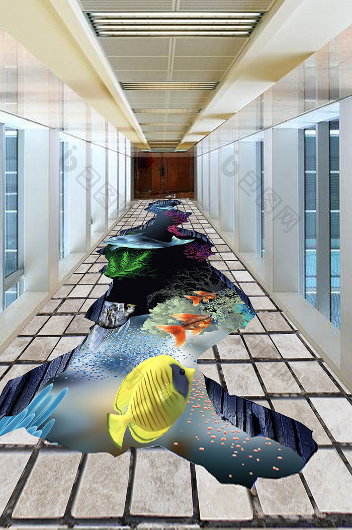 现代简约3D立体海底世界梦幻地板画背景墙