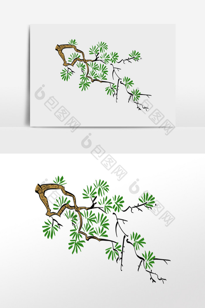 手绘植物松树松枝绿叶插画元素