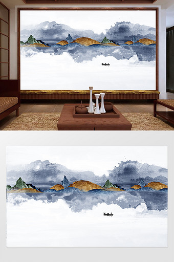 新中式意境抽象水墨抽象山水客厅背景墙图片