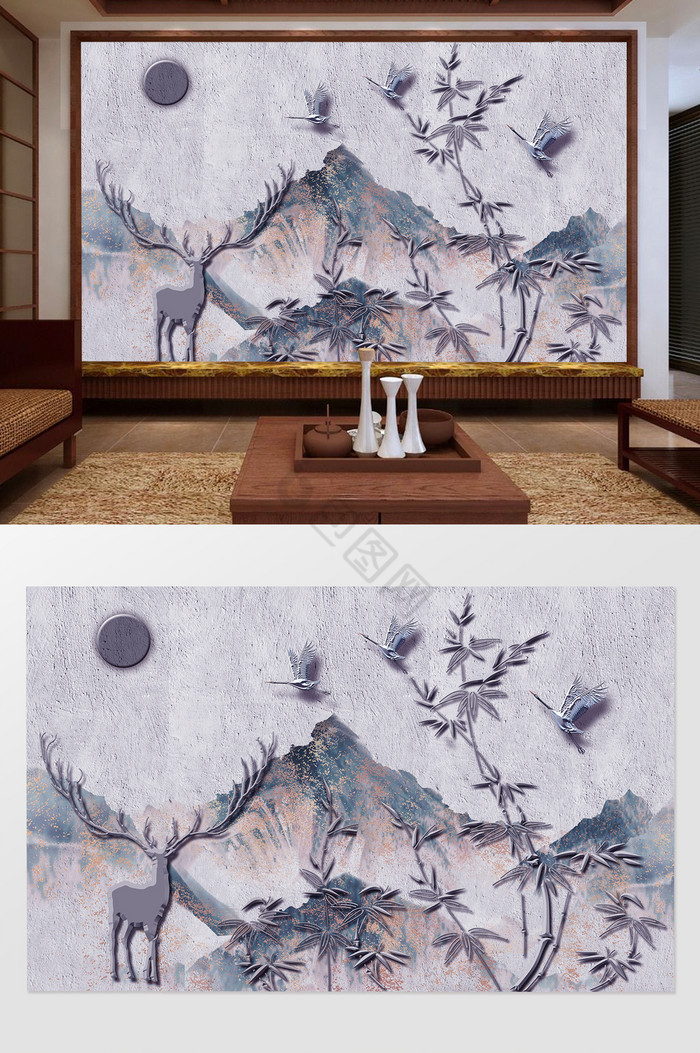 抽象飞鹭竹子小鹿背景墙图片