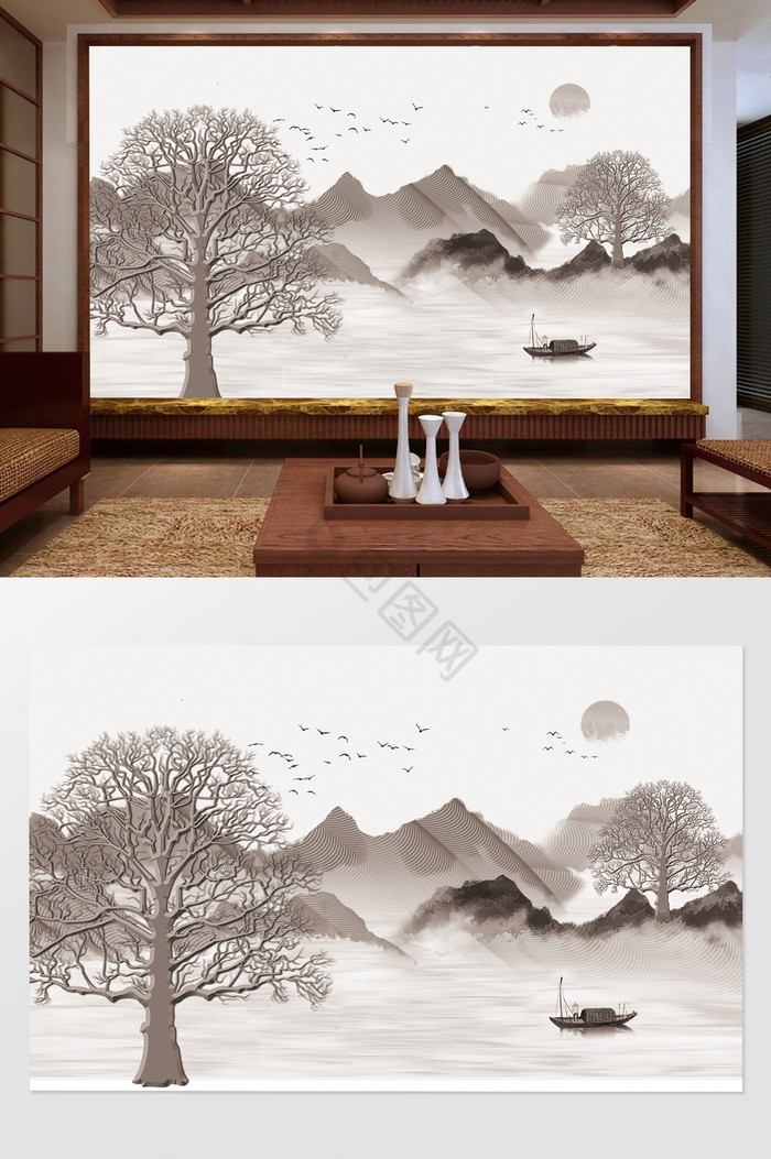 新中式灰色山水背景墙图片
