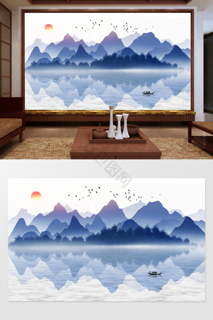 新中式水墨意境山水飞鸟风景电视背景墙图片