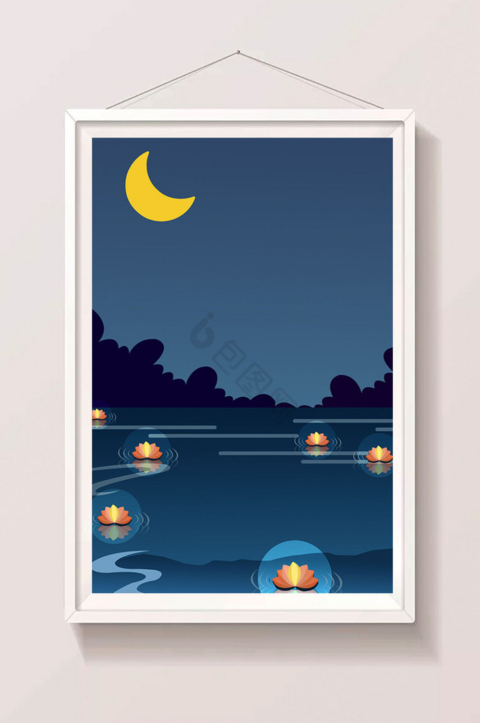湖面夜景插画图片