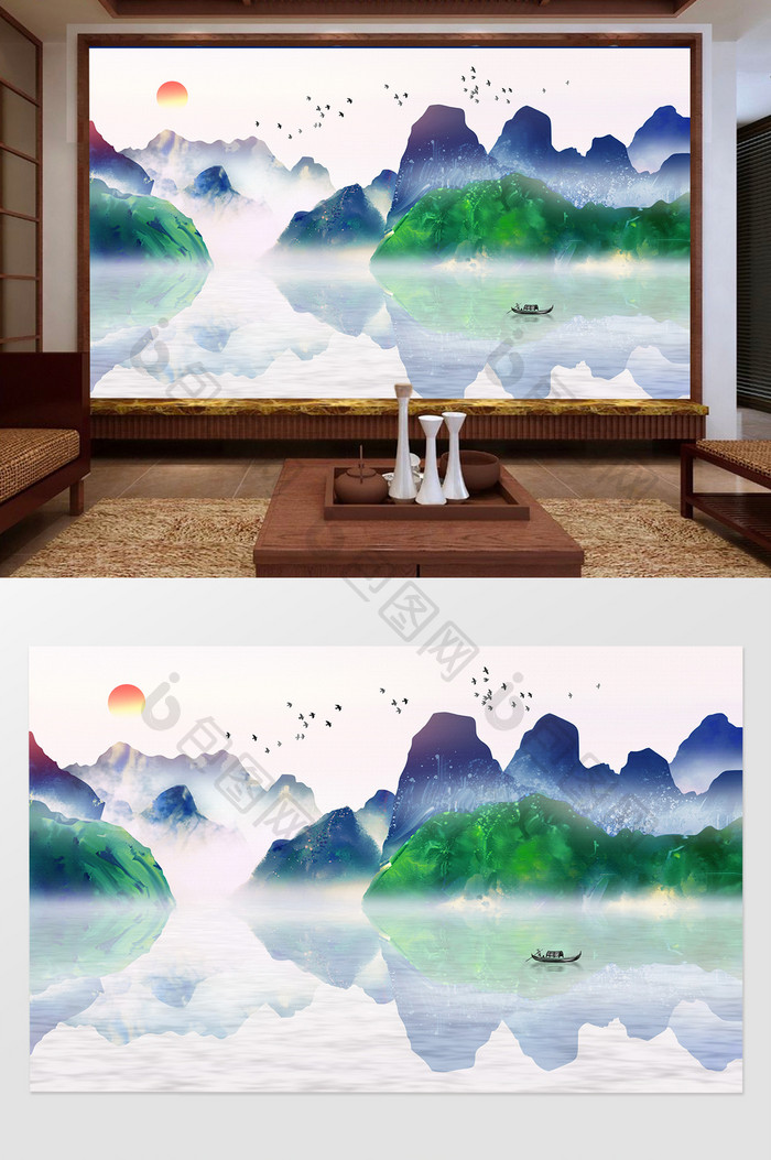 新中式水墨山水意境风景飞鸟电视背景墙