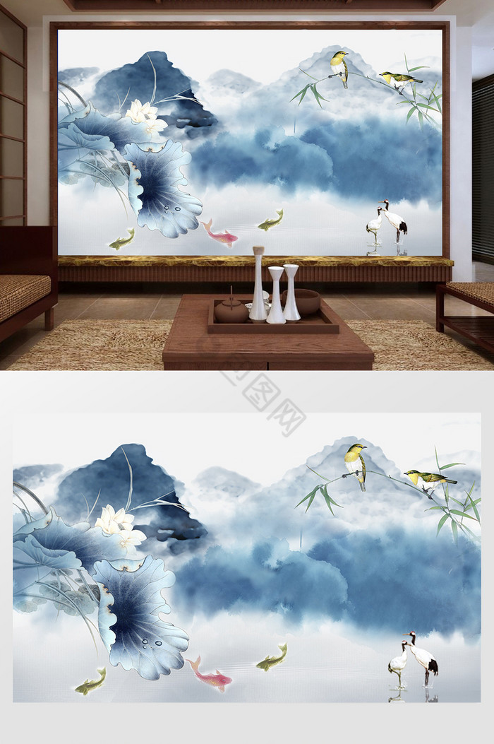 新中式水墨荷花背景墙图片