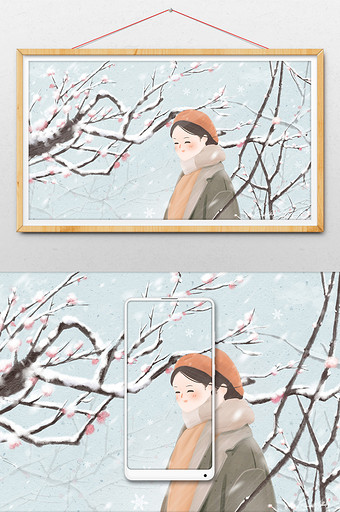 12月你好之梅花树旁赏雪的女孩清新手插画图片