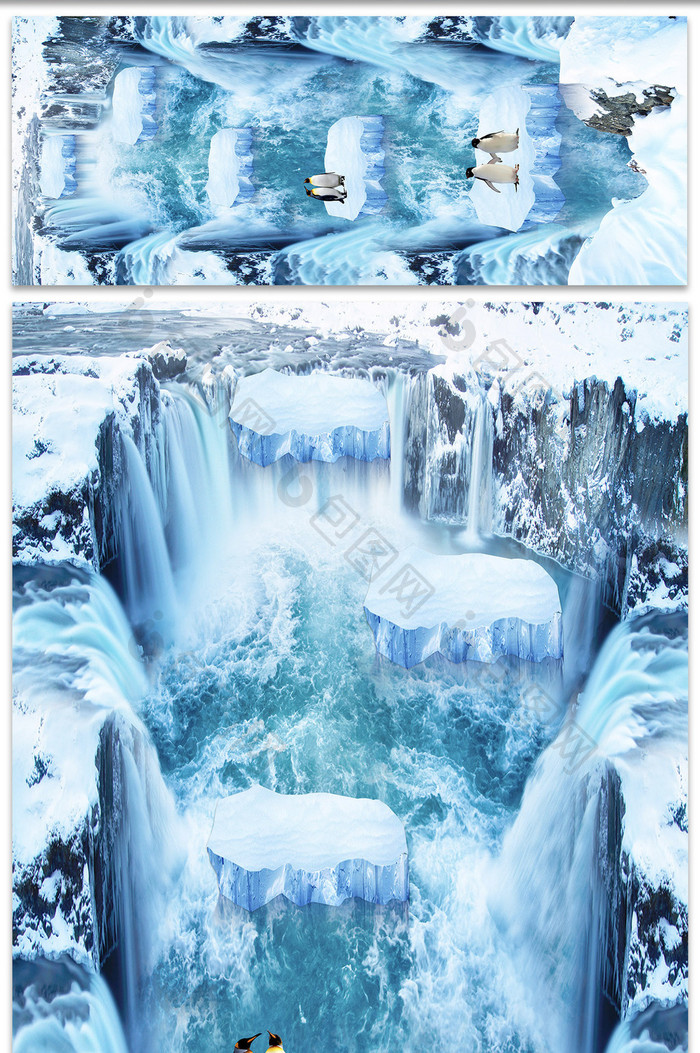 3D立体冰川世界南极企鹅地板画