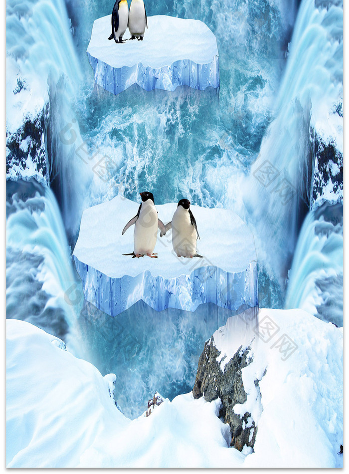3D立体冰川世界南极企鹅地板画